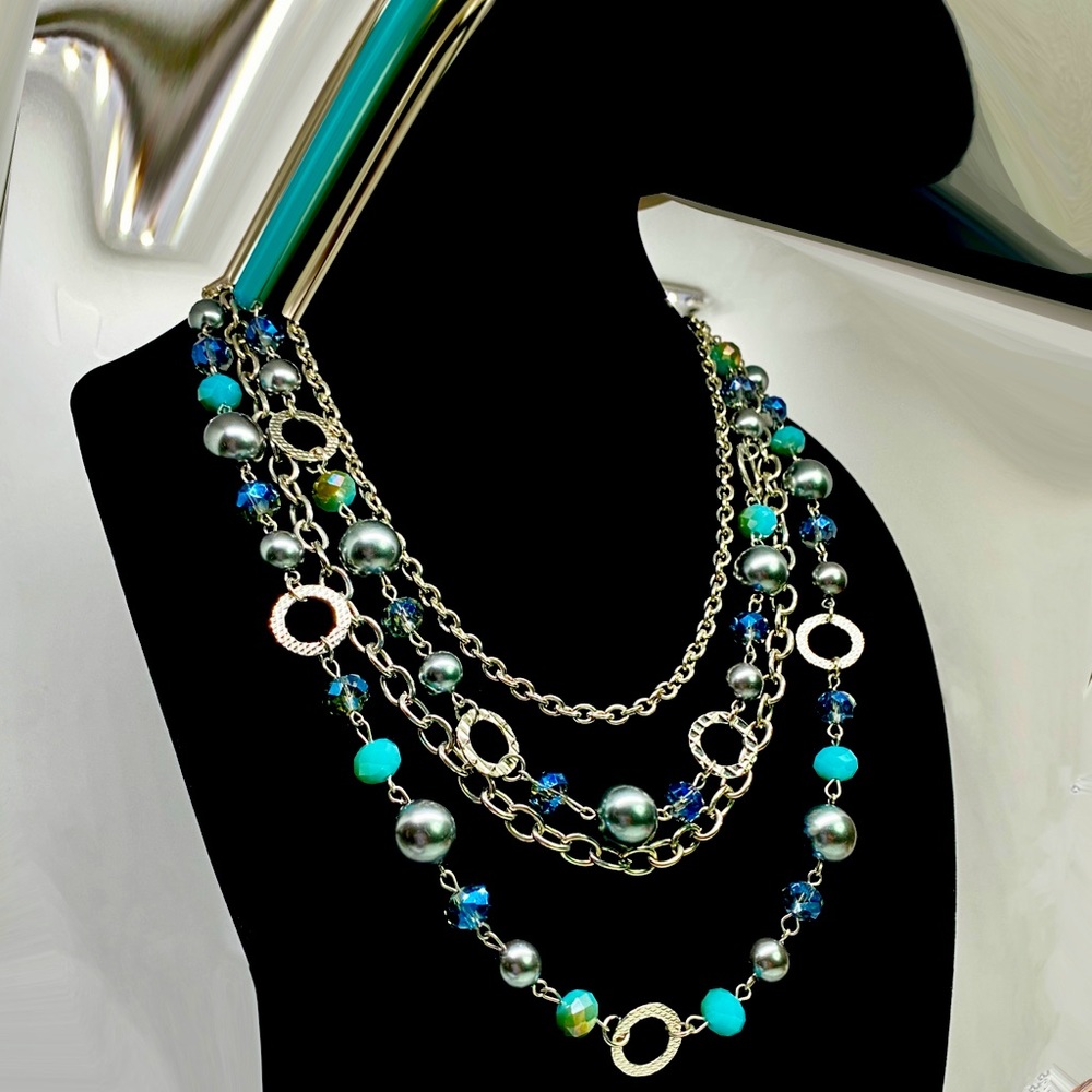 Multi Strand w/Faceted Silver/Blue & Aqua Beading